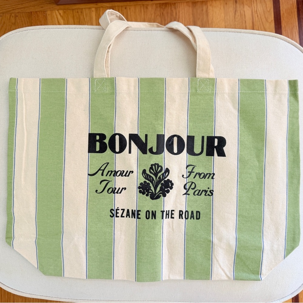 Nwot! Sezane bonjour Tote green and white stripes